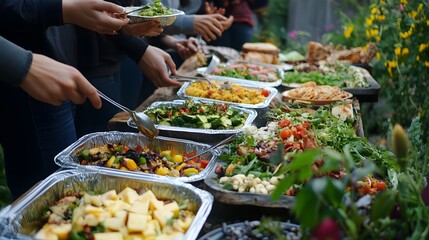 Group of friends sharing food at an outdoor gathering with sustainable choices