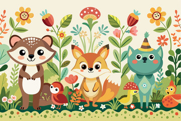 Naklejka premium Adorable forest animals in a playful scene with flowers and decorative foliage illustration