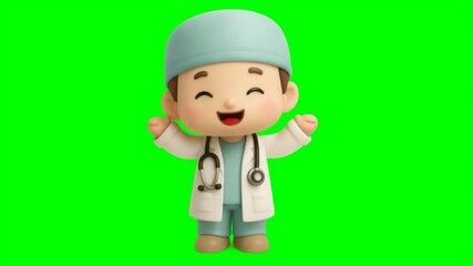 A cute cartoon doctor character wearing scrubs, a lab coat, and a stethoscope, standing against a green background.