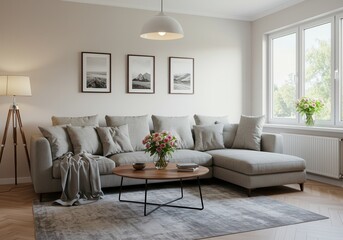 Cozy living room with sofa pillows coffee table and natural light