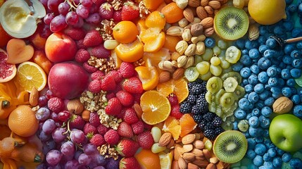 Colorful spread of fresh fruits and nuts for a snack supporting mindful eating