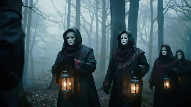 Mysterious masked figures in dark robes carrying lanterns walk in a slow procession through a foggy eerie forest