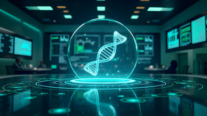 Futuristic Genetic Analysis Laboratory with Central Holographic Display Showing Rotating DNA Molecules and Real-Time Biometric Data Flow