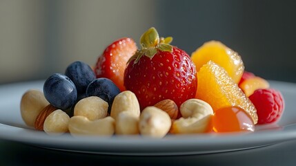 Colorful spread of fresh fruits and nuts for a snack supporting mindful eating