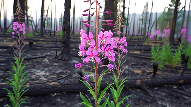 Vibrant pink fireweed flowers blooming amidst charred trees in a recovering forest landscape