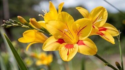 Fototapeta premium Yellow Freesia with Red Stripe on Each Petal in Soft Garden Light