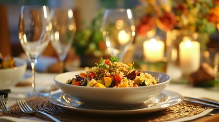 Table setting with a bowl of quinoa and roasted vegetables for a nutritious meal