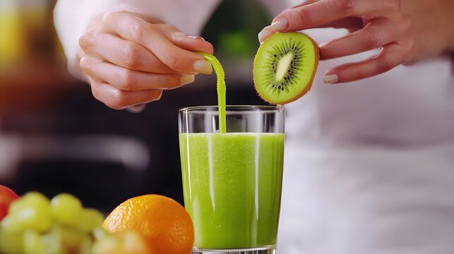 Hands preparing a smoothie with fresh fruit for a balanced breakfast