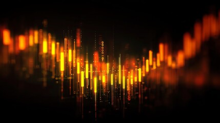 Abstract glowing forex trading chart background with financial market candlesticks and digital data grid for investment, economy, and currency exchange concept
