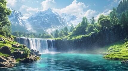 Fototapeta premium A breathtaking natural landscape, a cascading waterfall flows gracefully into a serene turquoise pool, with majestic snow-capped mountains in the background.