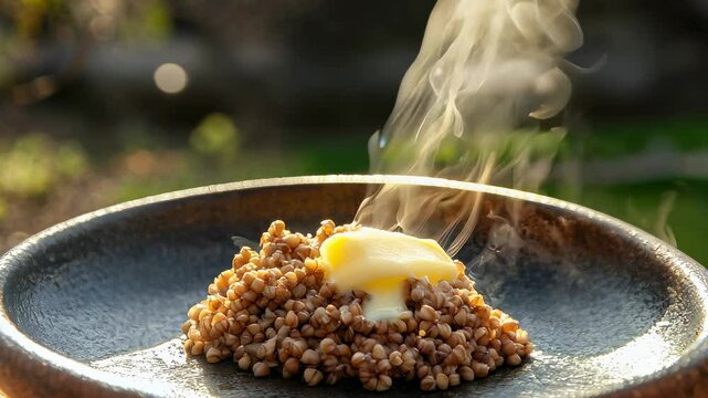 Steaming buckwheat with melted butter served outdoors on a black plate in natural light.