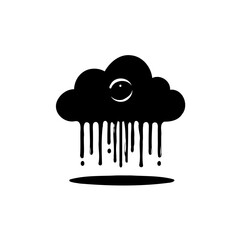 Stylized monochrome cloud with eye-like symbol and dripping paint effect