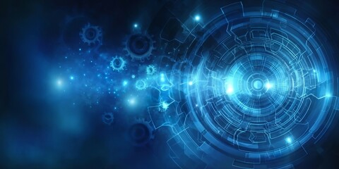 Fototapeta premium Abstract blue technology background with digital glowing elements and gears in a futuristic style.