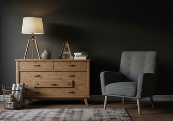 Fototapeta premium Living room interior with wooden dresser, lamp, and gray armchair against a dark wall
