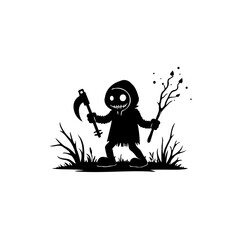 Fototapeta premium Stylized silhouette of a hooded figure with a scythe and branch graphic
