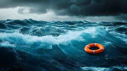 A lone life buoy bobs on the raging ocean, a symbol of hope and rescue amidst the tempestuous sea. A metaphor for resilience in the face of adversity.