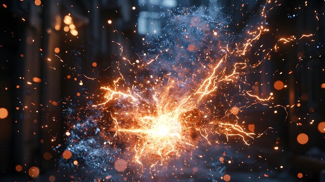 Electric arc flashing from a severed conduit mid-repair, frozen sparks, high-voltage intensity, photo-realistic, Cinematic Scene
