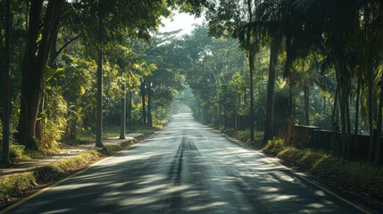 Fototapeta premium Serene road amidst lush foliage, with dappled sunlight filtering through the trees