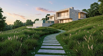 Fototapeta premium Architectural rendering of a contemporary hillside residence with infinity-edge terrace and organic stone path winding through tall grass