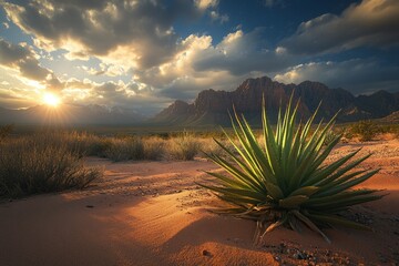Stunning desert sunset with agave