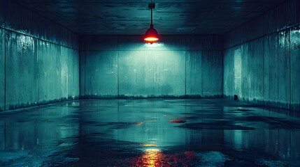 Low-hanging exit light reflecting on wet concrete floor, tension fading into stillness, Cinematic Scene