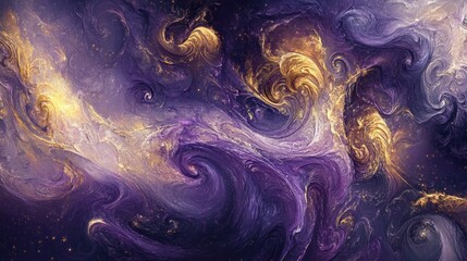 Abstract swirling swirls of golden and purple cosmic nebulae.