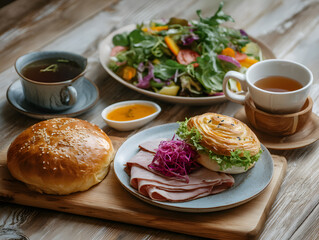 Gourmet Brunch Spread with Sliced Meat, Salad, Croissant, and Coffee