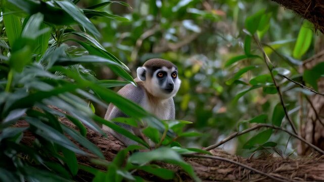 Curious Cercopithecus Iomys observes the forest environment from its perch atop a tropical tree branch.