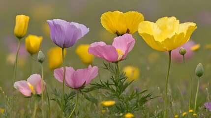 Obraz premium Vibrant Spring Meadow with Pink, Purple, Yellow Poppies