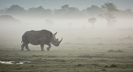 Fototapeta premium A solitary rhino stands in the fog, its massive form emerging through the mist, creating a mysterious and powerful scene in the wild.