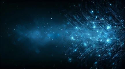 Abstract futuristic background with blue glowing digital circuit board patterns and dark space for