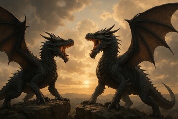 Fototapeta premium Majestic dragons at sunset