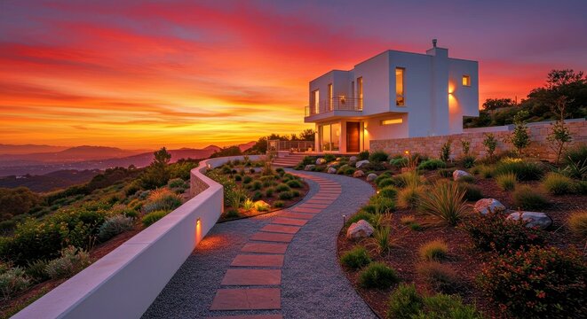 Hillside retreat featuring a modernist cube design, low garden walls, and a stepping-stone path under a fiery sunset sky