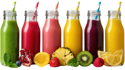 Vibrant Smoothie Selection: A delightful assortment of colorful smoothies, each a testament to the beauty and goodness of fresh fruits, perfectly bottled and presented with artistic flair.