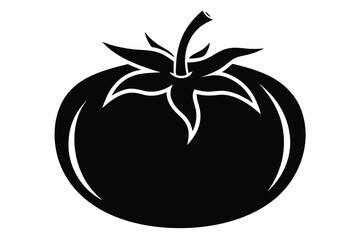 A stylized black tomato with simple foliage and stem stands prominently against a plain backdrop