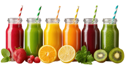 A Rainbow of Refreshment: An enticing array of vibrantly colored juices, each housed in a charming glass bottle and complemented by fresh fruit accents.