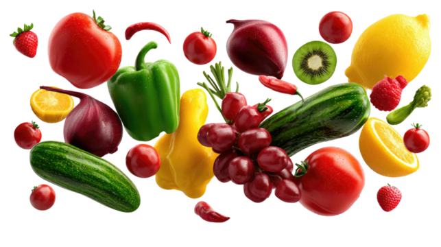 Vibrant Fusion of Fresh Produce: A colorful assortment of fresh fruits and vegetables float playfully. Showcasing a medley of nature's bounty for culinary adventures and healthful choices. 