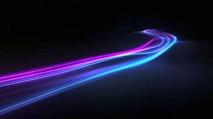 Abstract light trails in blue and purple against a dark background.