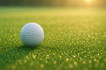 Obraz premium Golf Ball on Green: A pristine golf ball rests on a lush, vibrant green, bathed in the warm glow of the setting sun. The image evokes a sense of calm and anticipation.
