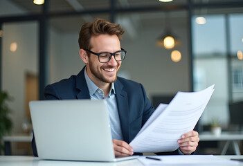 A smiling businessman reviews documents, with a laptop open on his desk in a modern office setting, ready to work.