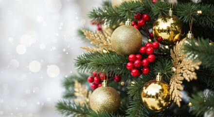 Festive Christmas Tree Ornaments - Close-up of a decorated Christmas tree with gold ornaments, red berries, and sparkling lights against a bokeh background