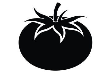 A simple black tomato silhouette with delicate leaves displays clear design elements