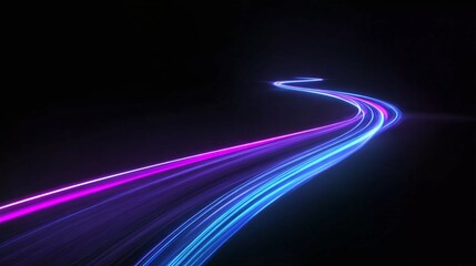 Abstract light trails in blue and purple against a dark background.