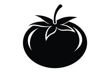 Simple monochrome tomato with stem and sepals is shown against a white background