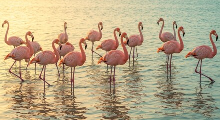 Obraz premium A group of pink flamingos standing gracefully in the lake, reflecting on the calm water, creating a serene and colorful natural scene.