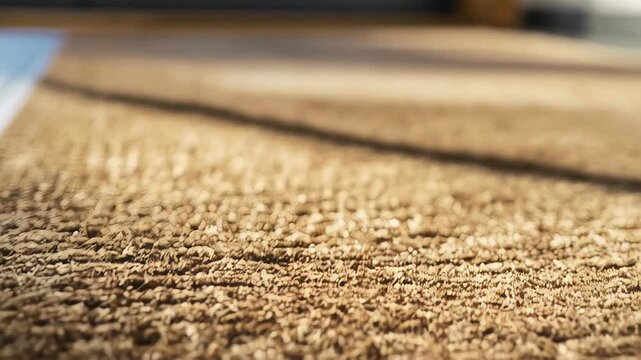 Close up details of a brown coir doormat lying on a tiled floor, emphasizing its texture and placement