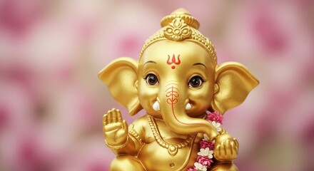 Fototapeta premium Golden Ganesha Statue - A charming golden statue of Ganesha, the Hindu elephant-headed god, sits against a soft pink blurred background. Perfect for religious or cultural themes