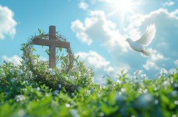 Symbolic Easter scene showing cross with thorn crown and olive branches under a bright sky, accompanied by a flying white dove. Represents Christian faith, resurrection, peace, and spiritual renewal