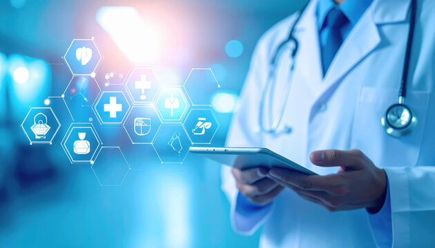 Doctor Using Tablet with Medical Icons in Modern Healthcare Setting