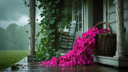 Fototapeta premium Pink flowers spilling from a basket onto a porch with two rocking chairs. Suitable for spring or garden related designs. Cheerful and inviting scene.